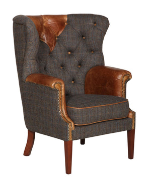 Vintage Sofa Company Kensington Harris Tweed and Leather Wing Chair-harris tweed accent chairs-Carlton Vintage-Against The Grain Furniture