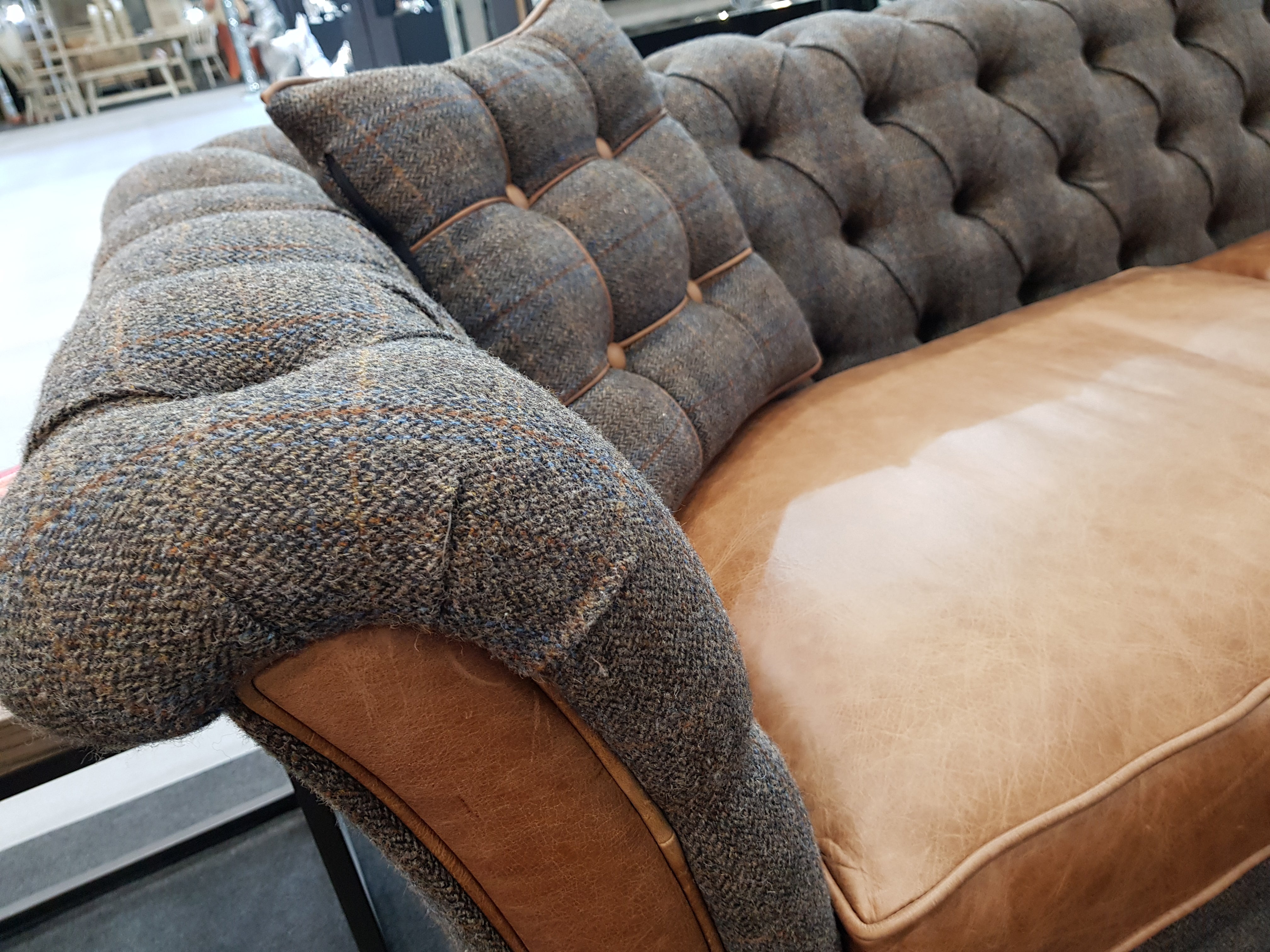 Granby Harris Tweed and Leather Curved Sofa.
