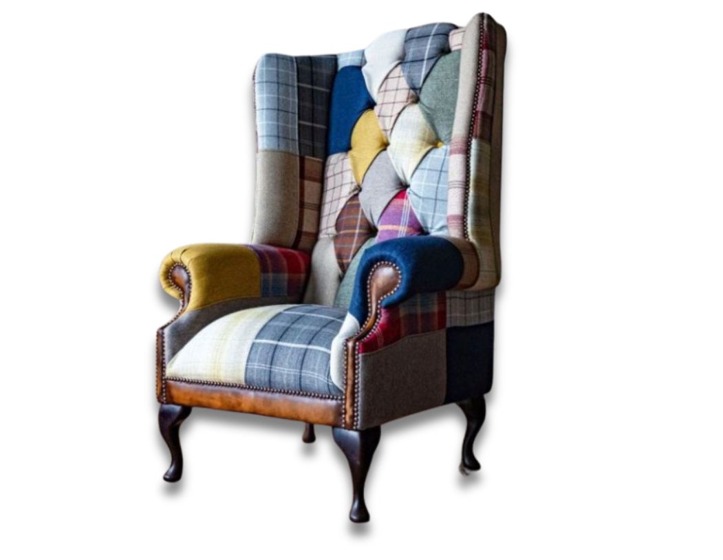 Cotswold Tweed and Leather Patchwork Wing Chair-PATCHWORK SOFAS-Oswald and Pablo-Tall Chair-Against The Grain Furniture