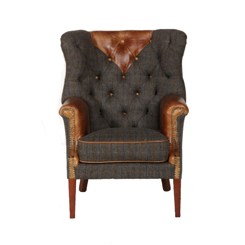 Kensington Harris Tweed and Leather Accent Chair-harris tweed accent chairs-Carlton Vintage-Chair Morland Tweed-Against The Grain Furniture