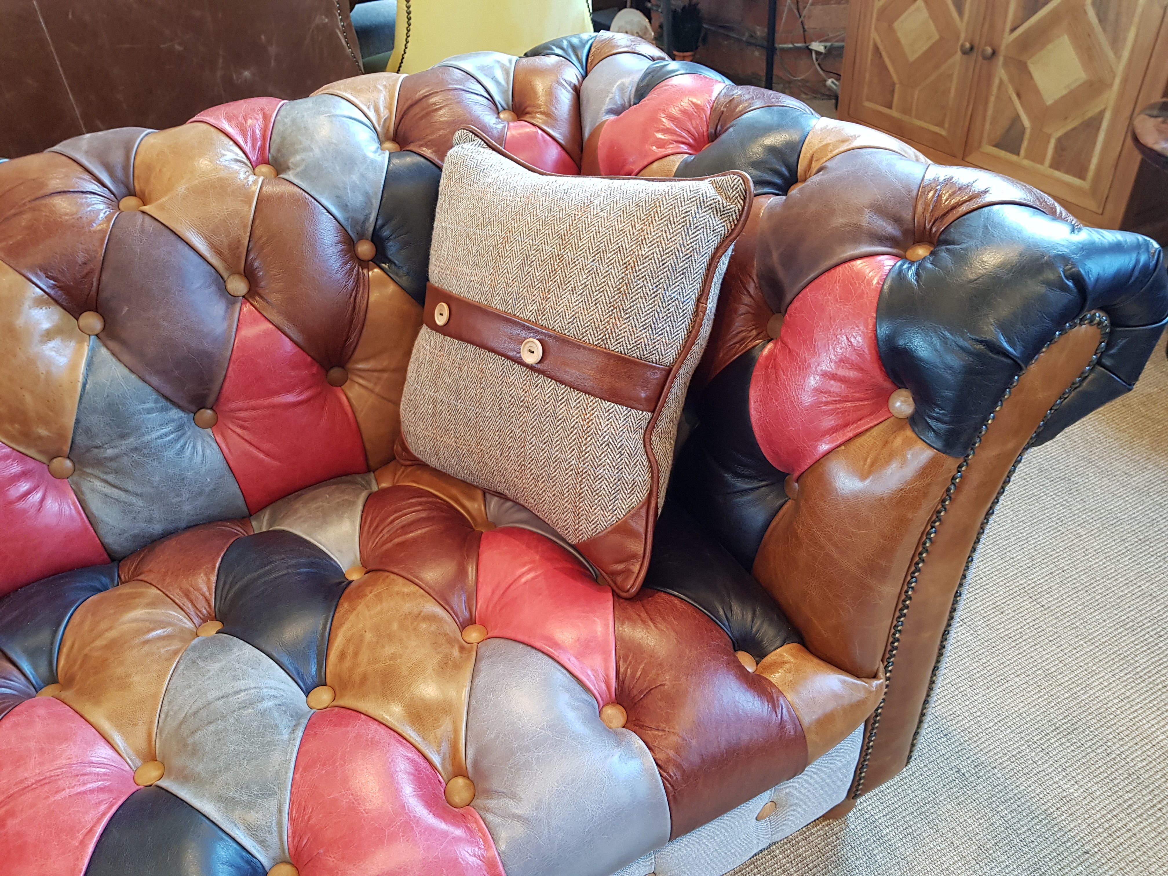 Chester Club Leather Patchwork and Harris Tweed 3 Seater Sofa