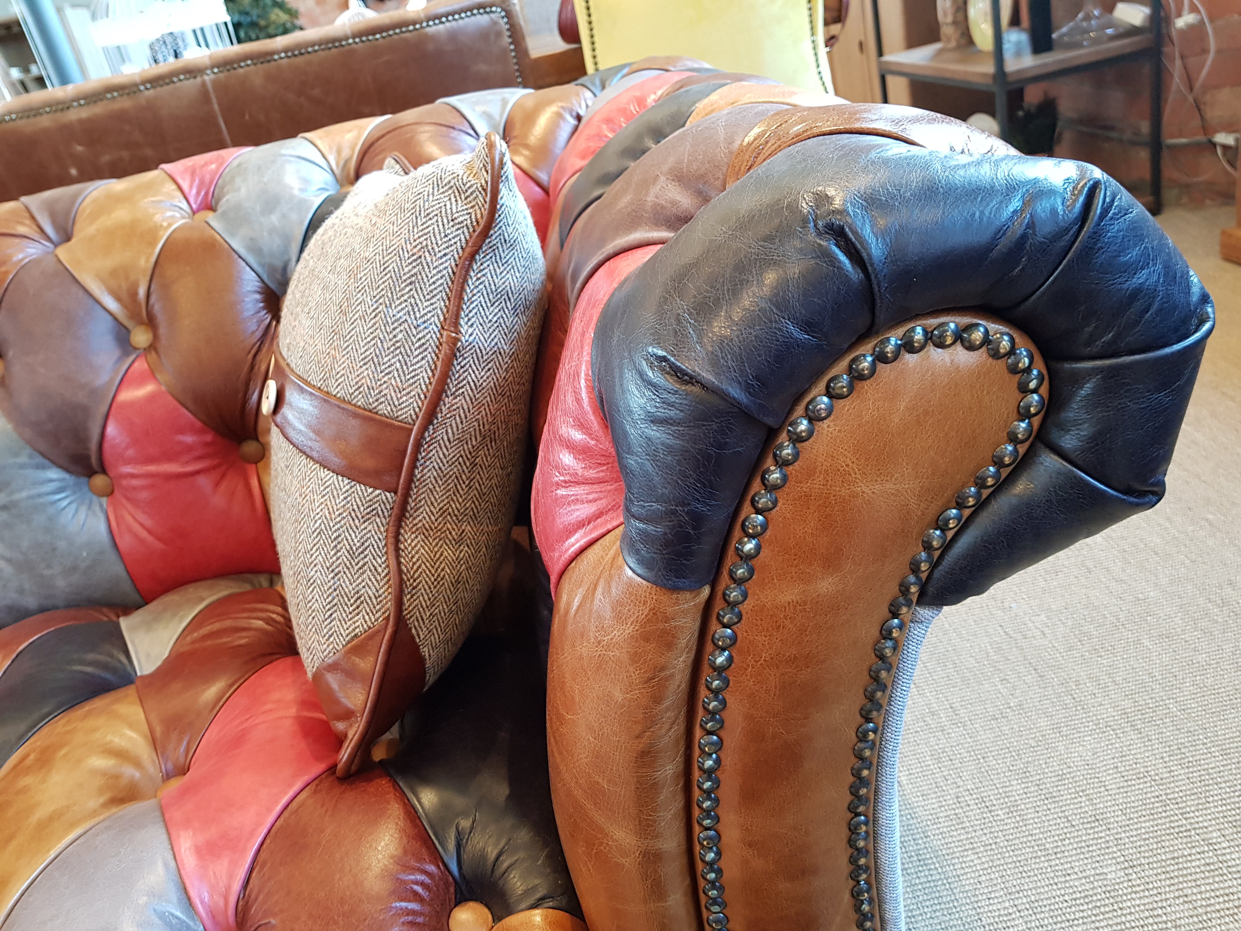Chester Club Leather Patchwork and Harris Tweed 3 Seater Sofa