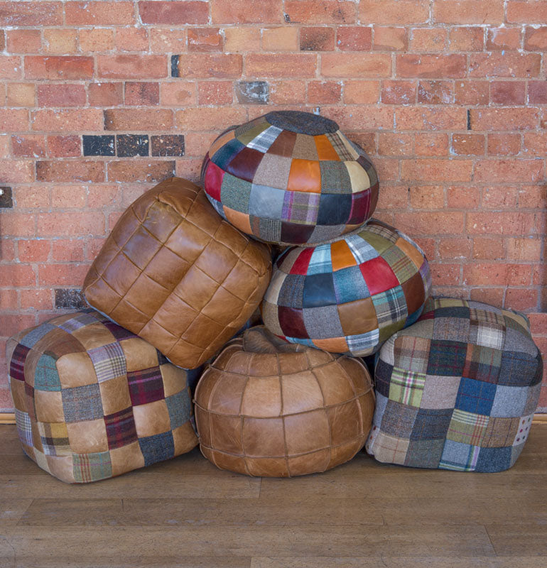Harris Tweed and Leather Patchwork Beanbags-harris tweed beanbags-Carlton Vintage-Atom 60 x 60-Against The Grain Furniture