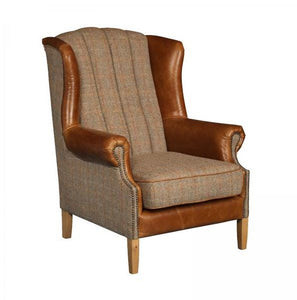 Fluted Wing Chair Harris Tweed and Leather
