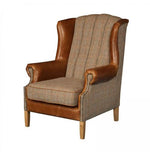 Fluted Wing Chair Harris Tweed and Leather