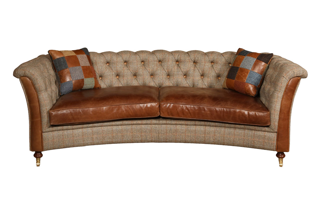 Granby Harris Tweed and Leather Curved Sofa.-harris tweed sofas-Carlton Vintage-3 Seater-Hunters Lodge-Against The Grain Furniture