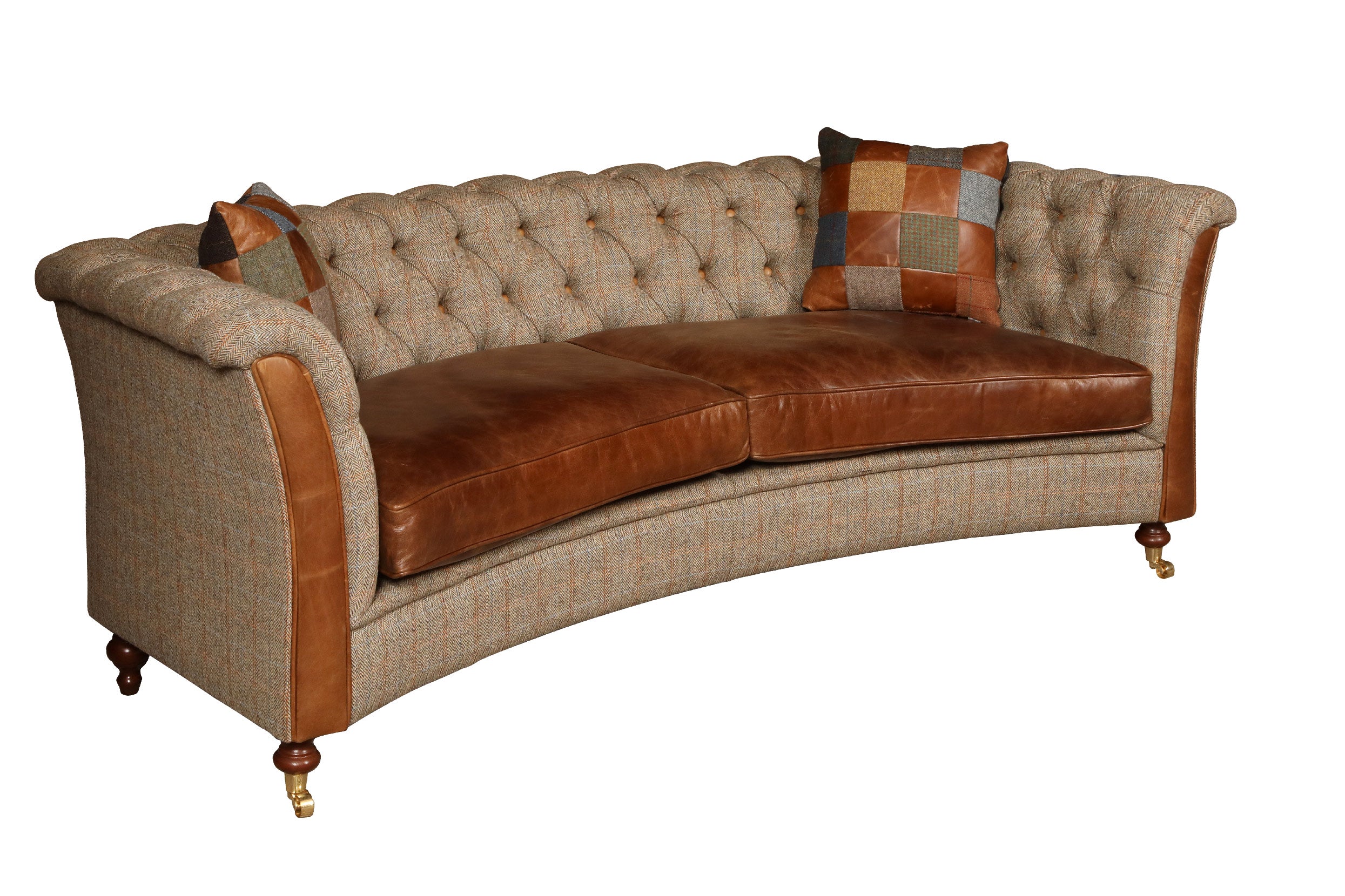 Granby Harris Tweed and Leather Curved Sofa.-harris tweed sofas-Carlton Vintage-4 Seater-Hunters Lodge-Against The Grain Furniture