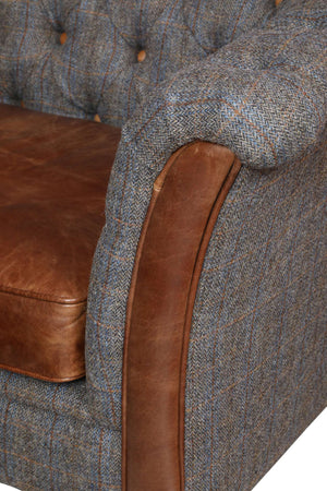 Granby Harris Tweed and Leather Curved Sofa.-harris tweed sofas-Carlton Vintage-3 Seater-Morland Tweed-Against The Grain Furniture