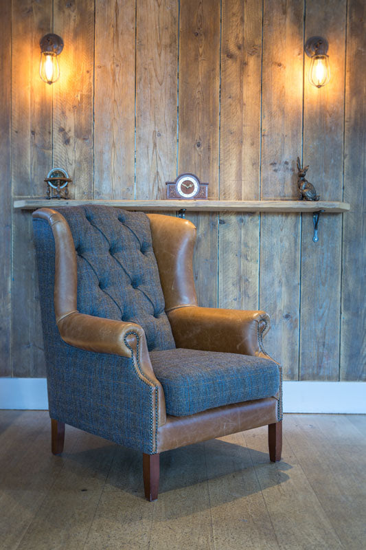 Wing Chair Harris Tweed and Leather REDUCED TO CLEAR STOCK-harris tweed accent chairs-Against The Grain Furniture-Against The Grain Furniture
